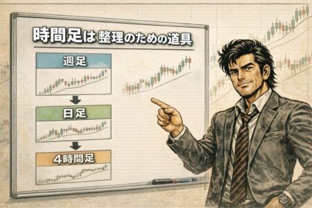 週足や日足などの時間足はルールではなく思考整理のための道具であることを示すイラスト