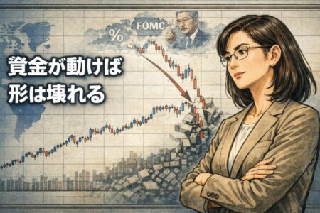 短期的なテクニカル分析がファンダメンタルズの大きな力によって崩されるイメージ