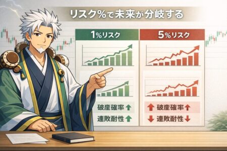 1％リスクと5％リスクの資金曲線と破産確率の違いを比較したFX図解。
