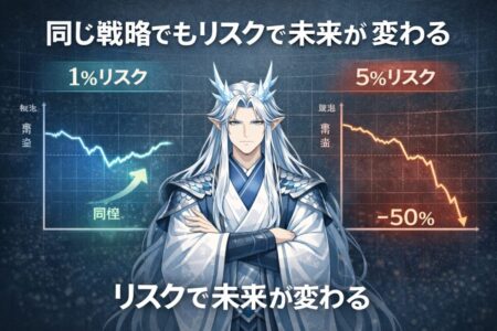 1%リスクと5%リスクを比較した資金曲線の違い。10連敗後の損失差を示すトレード資金管理の図解