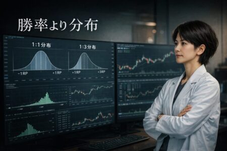 FXのリスクリワード1対3と損益分布の比較チャート