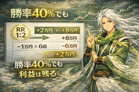 勝率40%でもRR1:2なら利益が残ることを示すFX損益シミュレーション図。