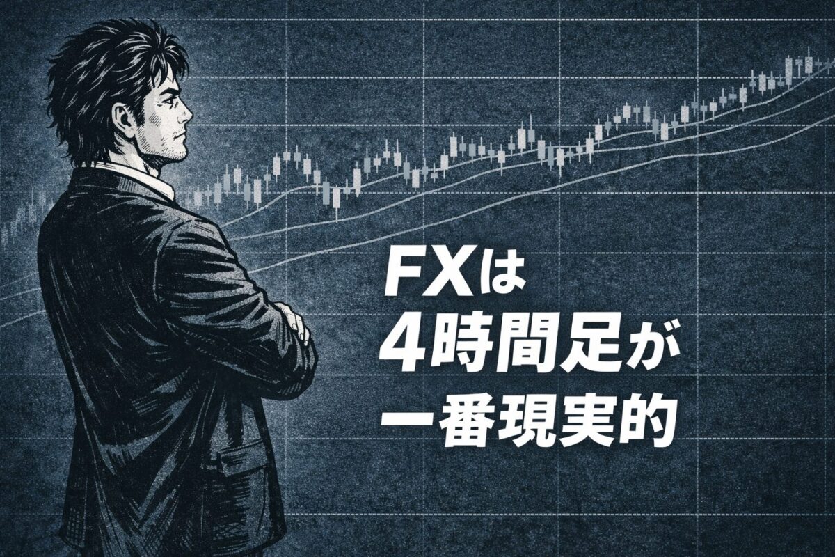 FXで4時間足が現実的な時間軸とされる理由を象徴する劇画タッチの男性トレーダーのイラスト
