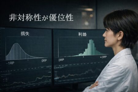 損失と利益の非対称性が優位性を生むことを示す損益分布チャート
