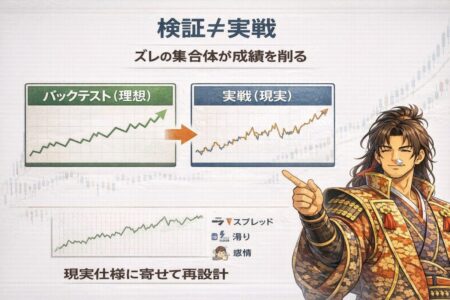 バックテストと実戦の差(スプレッド・滑り・感情など)を示す図