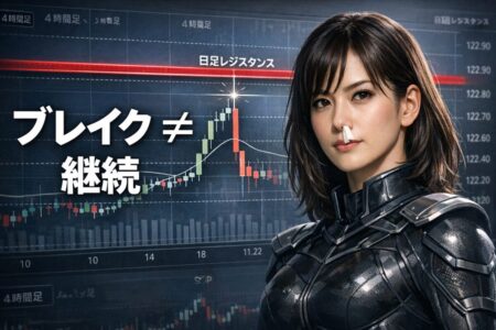 日足レジスタンス付近で失速するブレイクアウトと継続するパターンの比較チャート