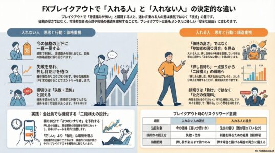 FXブレイクアウトで入れる人と入れない人の違いを、価格重視と相場構造重視の思考の差として解説した図解。押し目待ちと二段構え、損切りの捉え方の違いを比較している。
