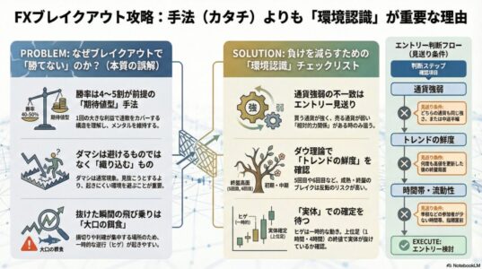 FXブレイクアウトで負けを減らすための環境認識チェックリストとエントリー判断フローをまとめた図解。