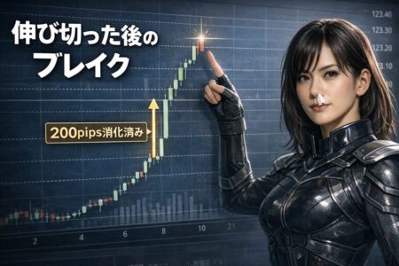200pips上昇後の伸び切った状態で発生するブレイクアウト失敗例