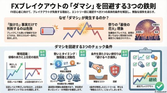 FXブレイクアウトのダマシを回避する3つの鉄則とチェック条件をまとめたインフォグラフィック