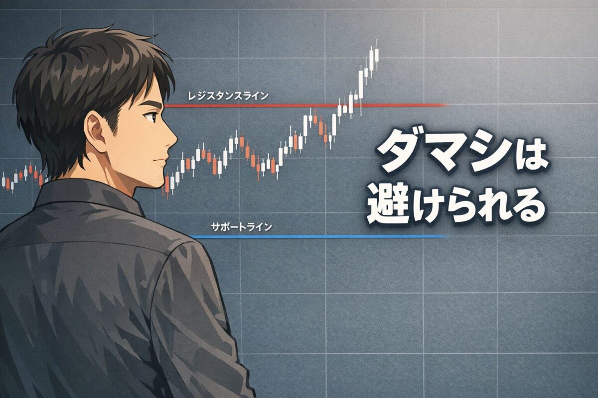 ブレイクアウトのダマシに悩みながらも相場構造を冷静に見極めようとする男性トレーダーの教育用イメージ