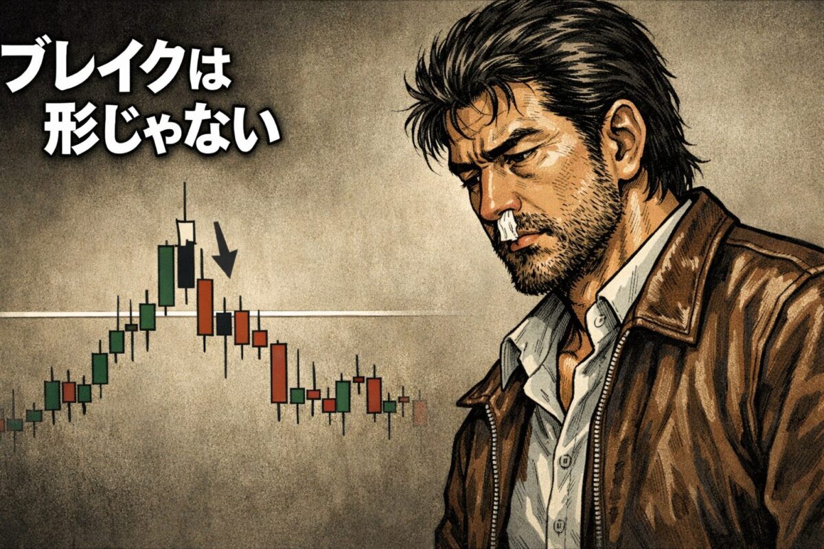 FXブレイクアウトで高値更新に飛び乗ると失敗しやすい理由を示したイラスト。形だけのブレイクではなく相場環境の判断が重要であることを表現。
