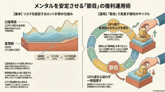 FXにおいて口座残高を判断材料として使い、基準額を節目ごとに見直しながらリスクを固定して運用する複利の考え方を示した図解