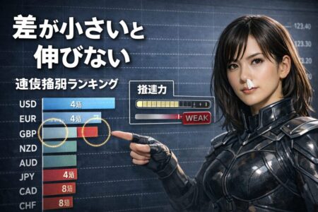 通貨強弱差が小さいとブレイクアウトが伸びない例を示すランキング図