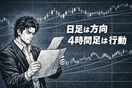 日足で方向を定め4時間足で行動を決める時間軸の役割分担を示した解説用イラスト
