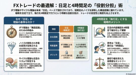 ダウ理論やサイクル理論を日足で用いて相場構造を把握し、4時間足でエントリーとリスク管理を行う役割分担を図解で整理したFXトレード解説インフォグラフィック