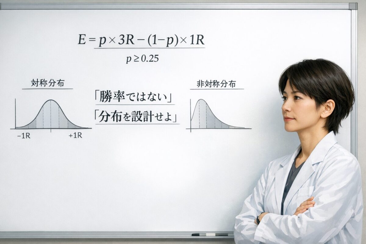 FXで重要なのは勝率ではなく損益分布の設計であることを示す期待値数式と非対称分布の図