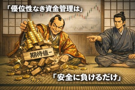 期待値がマイナスの手法では資金管理をしても利益にならないことを示すFX優位性の基礎図解。