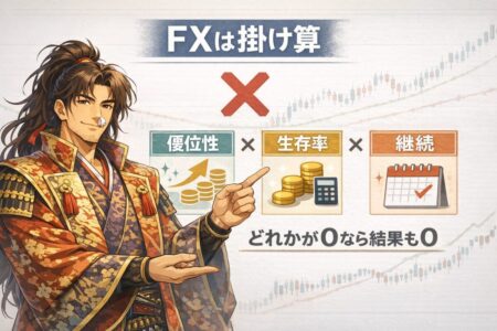 FXは優位性・生存率・継続の掛け算で成績が決まることを示す図解