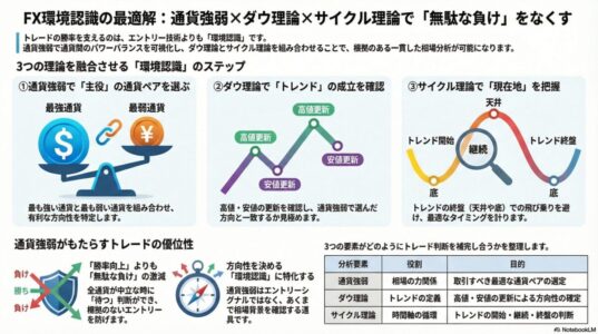 通貨強弱とダウ理論とサイクル理論を組み合わせてFXの環境認識を行い無駄な負けを減らす考え方を図解した解説画像