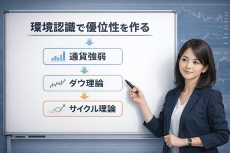 通貨強弱とダウ理論とサイクル理論を組み合わせたFX環境認識の全体像を示すイラスト