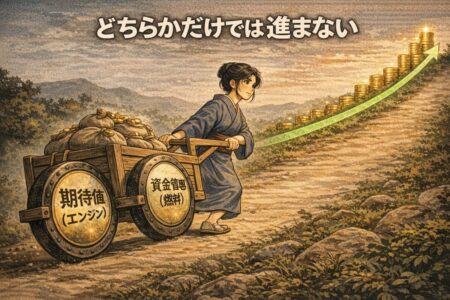 期待値をエンジン、資金管理を燃料タンクとして例えたFX資金管理の図解。