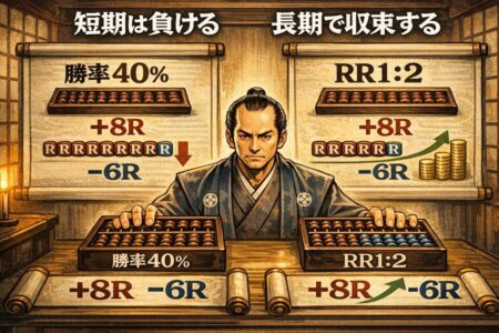 期待値プラスでも短期では負けが続く仕組みを勝率40％とRR1対2で解説したFX図解