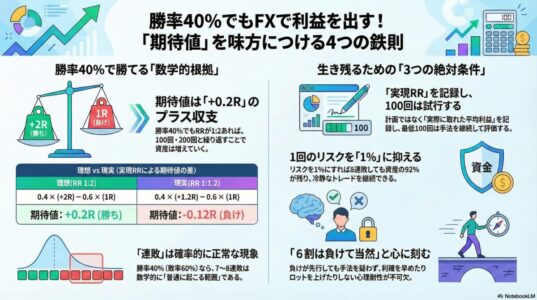 勝率40%でもFXで利益を出すための期待値計算、実現リスクリワード、1%リスク管理、連敗確率の考え方を図解したインフォグラフィック