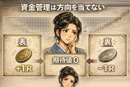コイントス例で期待値ゼロを説明する図。資金管理だけでは利益が生まれないことを解説。