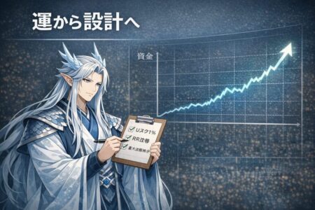 リスク1%固定・RR改善・最大連敗想定のチェックリストを持つ竜神のイラスト。運から設計へ移行する資金管理の象徴
