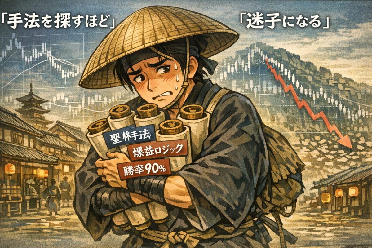 FXで手法探しが終わらない原因を解説するインフォグラフィック。聖杯手法を探して迷走する鼠小僧風トレーダーの図解。