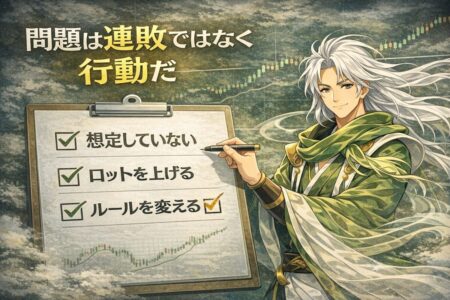 連敗時にやりがちな行動ミス(ロット増加・ルール変更など)を示すチェックリスト図。
