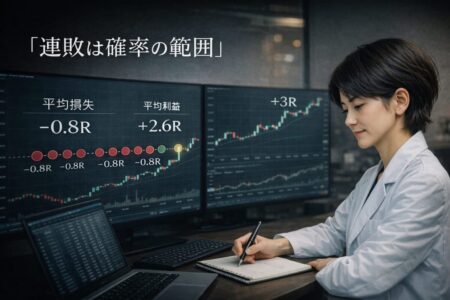 連敗は統計上の範囲であることを示す損益分布シミュレーション画像