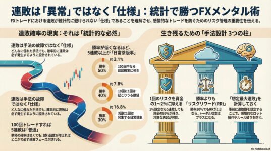 FXにおける連敗は統計的に避けられない仕様であることを示すインフォグラフィック。勝率別の連敗確率とリスク設計の3つの柱を解説。
