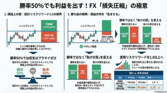 レンジブレイクは設計上リスクリワード1対1になりやすく勝率50％では収支がゼロになることを解説したFX損失圧縮の図解