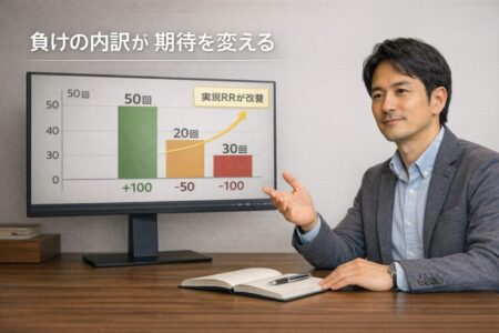 負けトレードの内訳を改善することで実現リスクリワードが向上することを示したFX分布モデル図