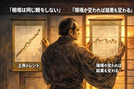 トレンド相場とレンジ相場の違いによってFX手法の成績が変わるレジーム変化を解説した比較図。