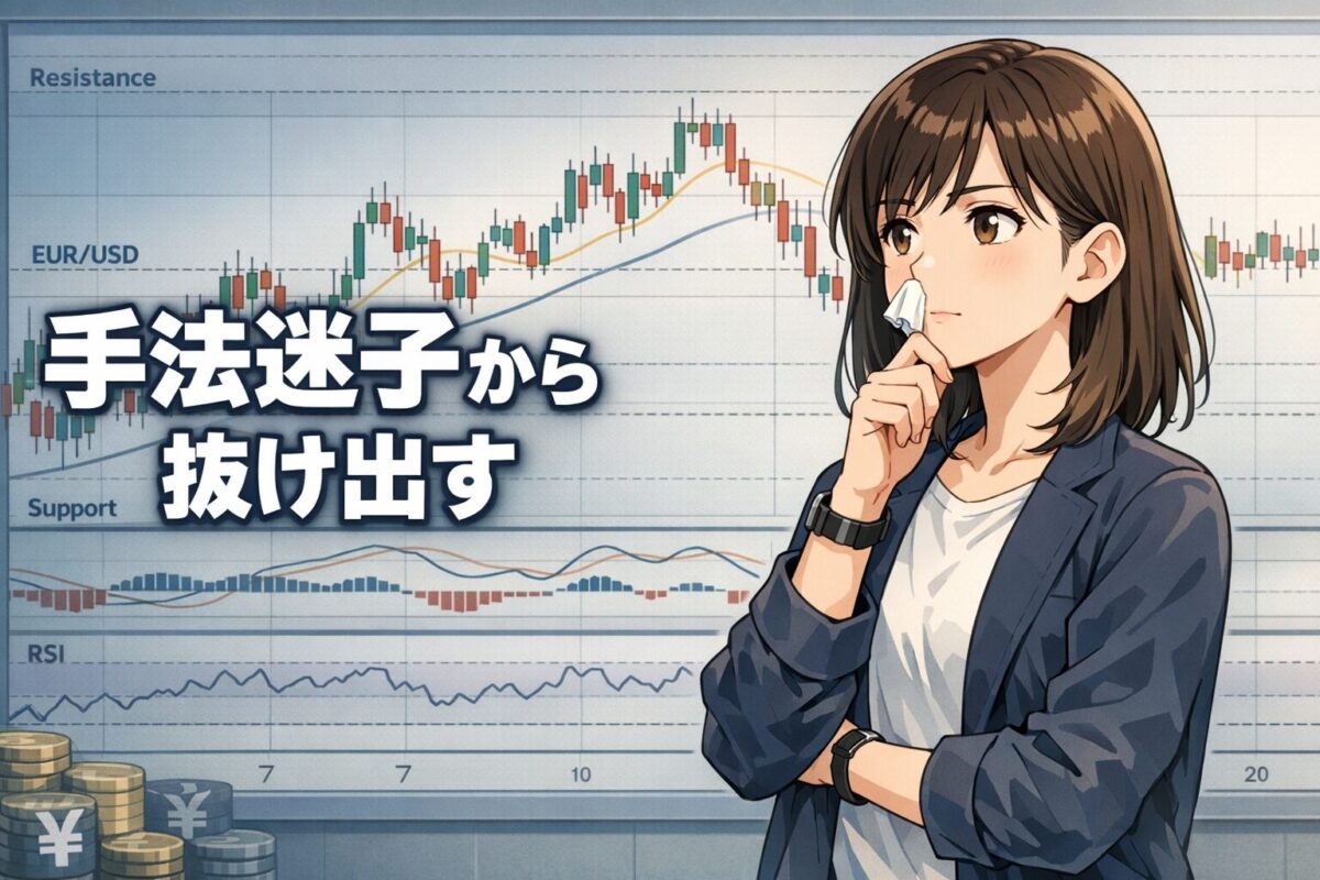 FXで手法迷子から抜け出し、エントリー条件だけでなく損切りの根拠から手法を考える重要性を伝えるアニメ風アイキャッチ画像