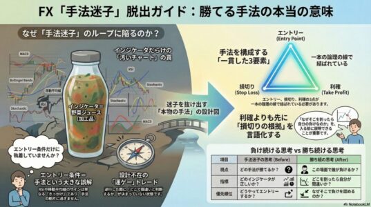 FXで手法迷子に陥る原因と、エントリー・損切り・利確を一本の論理で結び、損切りの根拠から手法を設計する考え方を図解したインフォグラフィック