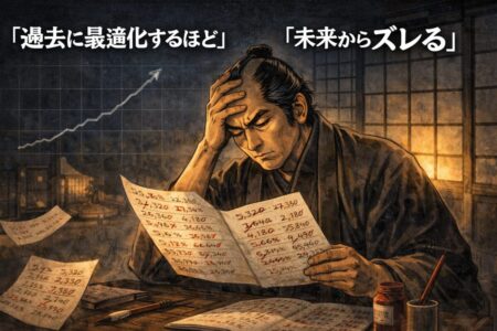 バックテストの過剰最適化によって未来の相場で通用しなくなるリスクを説明したインフォグラフィック。