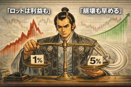 FXでロットを上げると資金曲線の振れ幅が大きくなるリスクを比較した図解