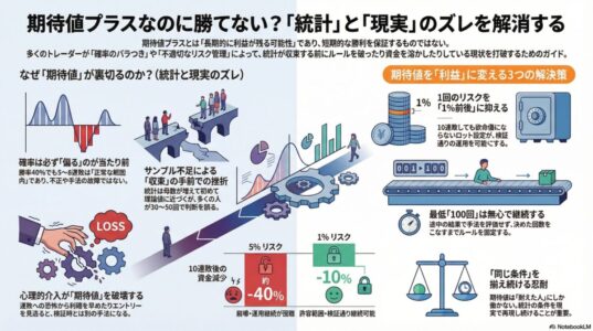 FXの期待値がプラスでも勝てない理由を解説するインフォグラフィック。統計と現実のズレ、サンプル不足、心理的介入、1％リスク管理と100回継続ルールによる改善策を図解。