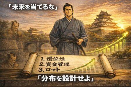 FXは未来予測ではなく確率分布の設計が重要であることを示す資金曲線インフォグラフィック。