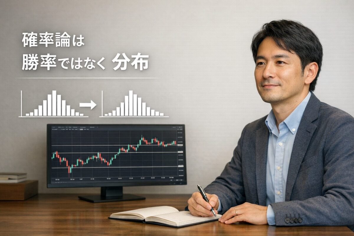 確率論は勝率ではなく損益分布で考えるというテーマを表現したFXトレーダーの写実的ビジュアル