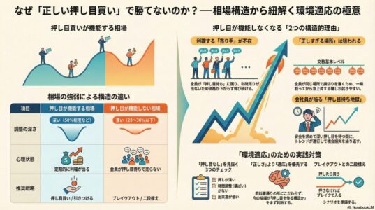 FXで「正しい押し目買い」が勝てない理由と相場構造の解説図。機能する相場としない相場の比較表、売り手不在のメカニズム、環境適応のための実践対策チェックリスト。