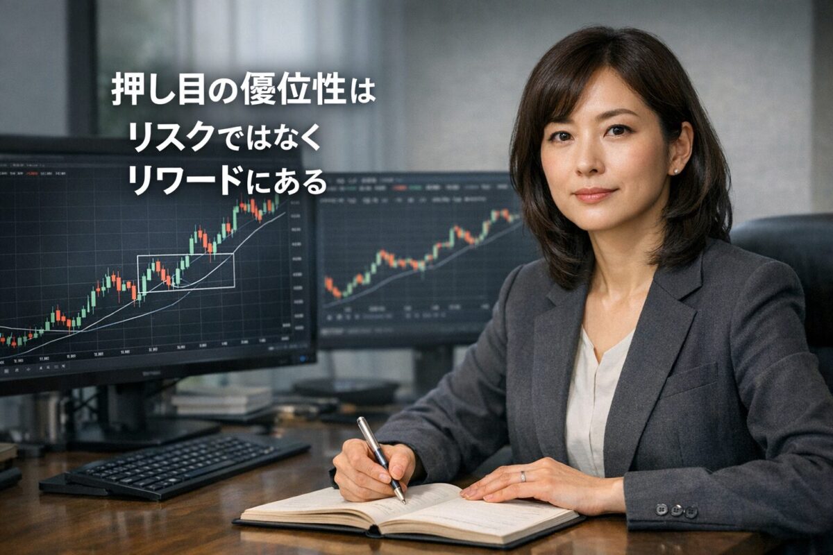 FX押し目買いの優位性をリスクリワードと確率論の視点で解説する女性トレーダーと上昇チャート