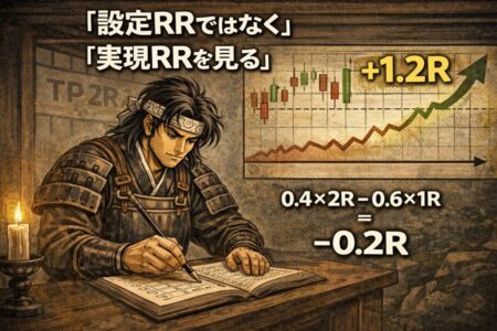 設定リスクリワードと実際の平均利益のズレが期待値に与える影響を解説したFX図解