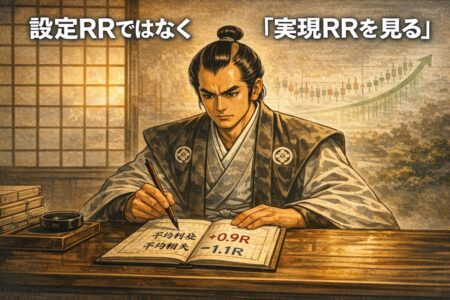実現RRが早利確と損切り滑りで悪化し期待値が消える仕組みを解説した図解