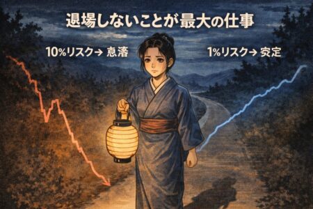10%リスクと1%リスクの資金減少を比較した図。FXで退場しないための資金管理を解説。