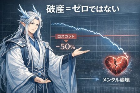 破産は口座残高ゼロだけではないことを示す図。50%ドローダウンとメンタル崩壊を表現したトレード解説イラスト